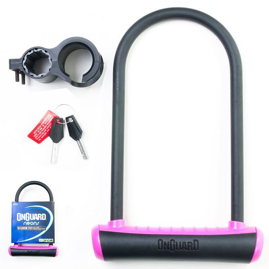 Cadeado-com-Chave-para-bicicletas-marca-Onguard-na-cor-preta-e-rosa
