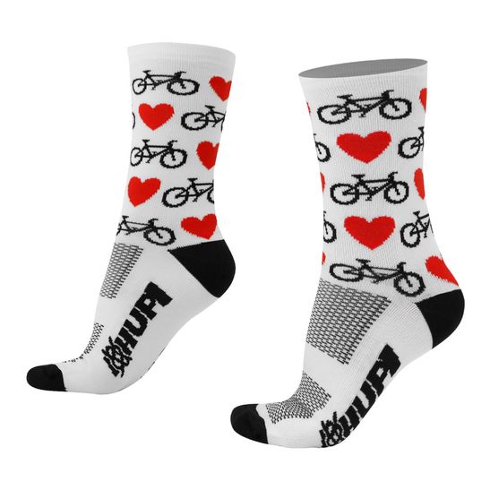 meia-de-ciclismo-de-alta-qualidade-love-bike-coracoes-bikes-branca-com-preto-e-vermelho-cano-medio-semi-compressao